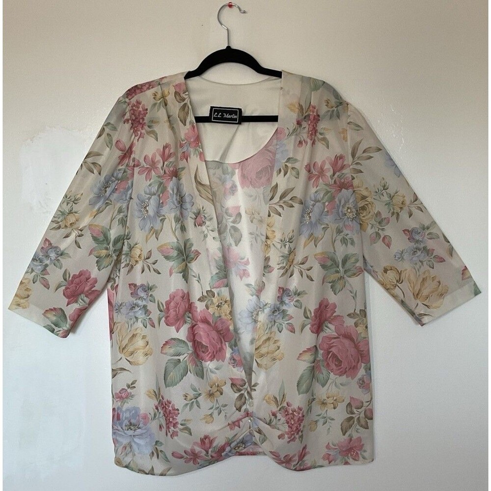 Vintage L.L Martin Teal Floral Pattern Women's Blouse Light Top Size XL